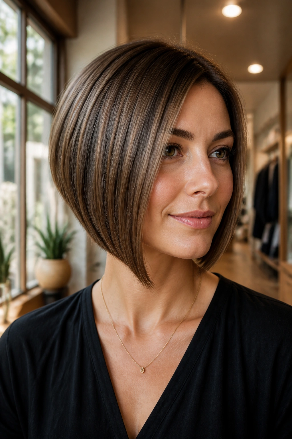 Close-up of a real woman with an angled A-line bob, front jaw-length and back shorter, in warm window light