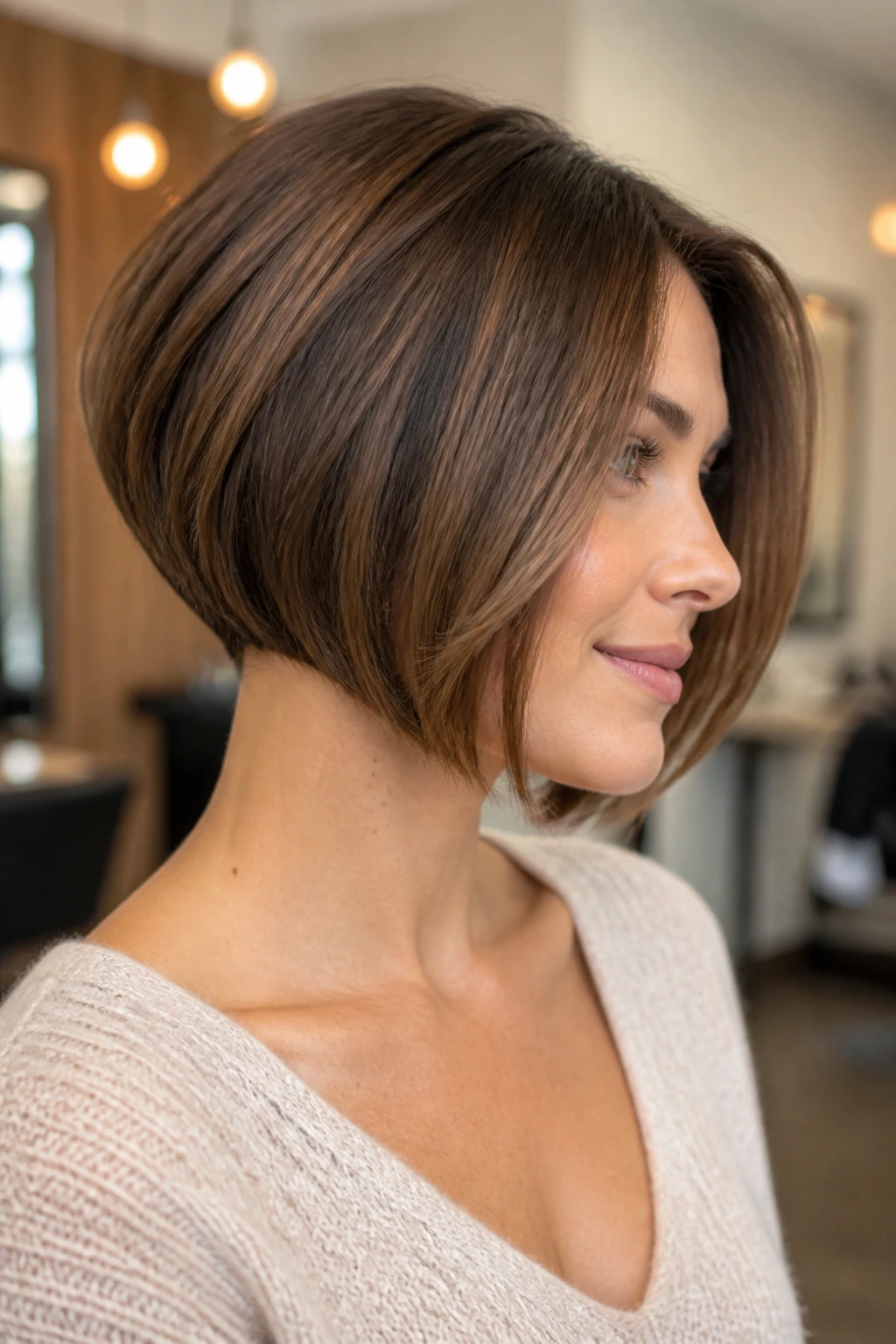 Real woman with A-line bob and tucked nape showing neck curvature