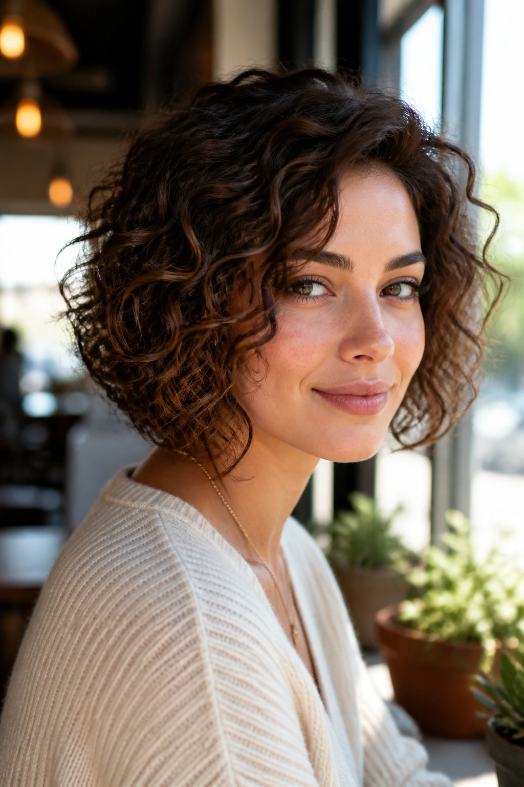 Portrait of A-Line Curly Bob on a real person with soft window light
