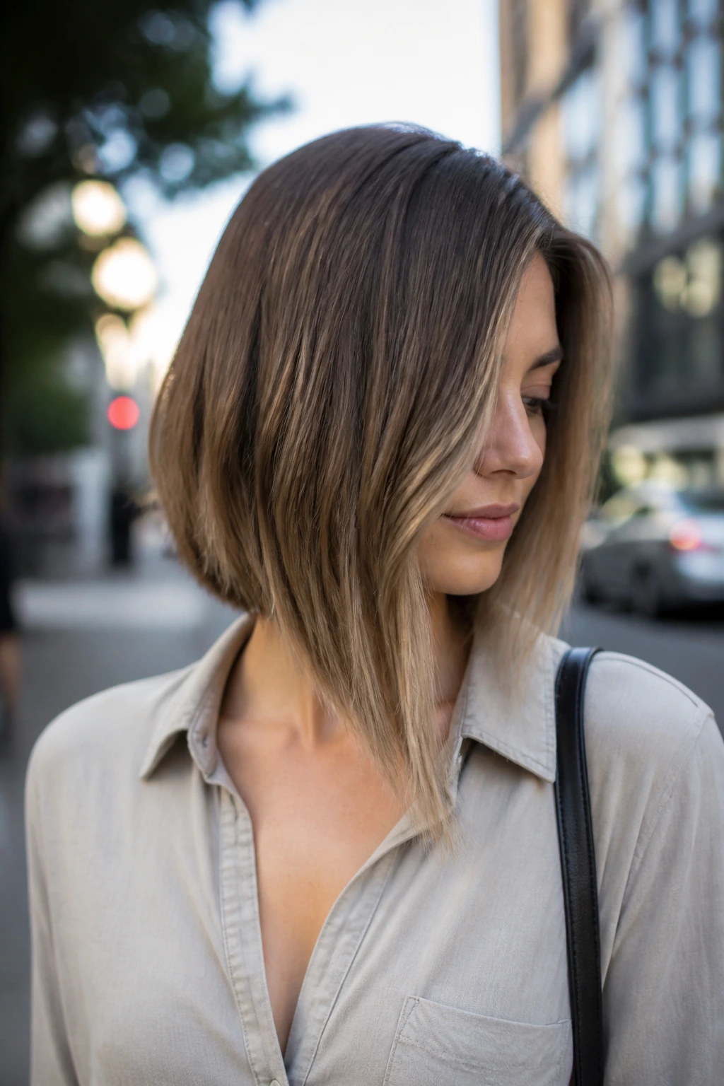 Three-quarter portrait of a real woman with an A-line lob showing back shorter, front longer.