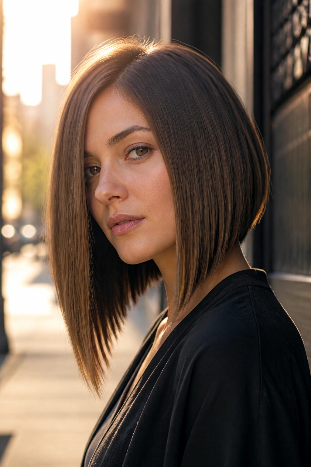 Close-up portrait of a real woman with a blunt-front A-line lob in golden hour street light.