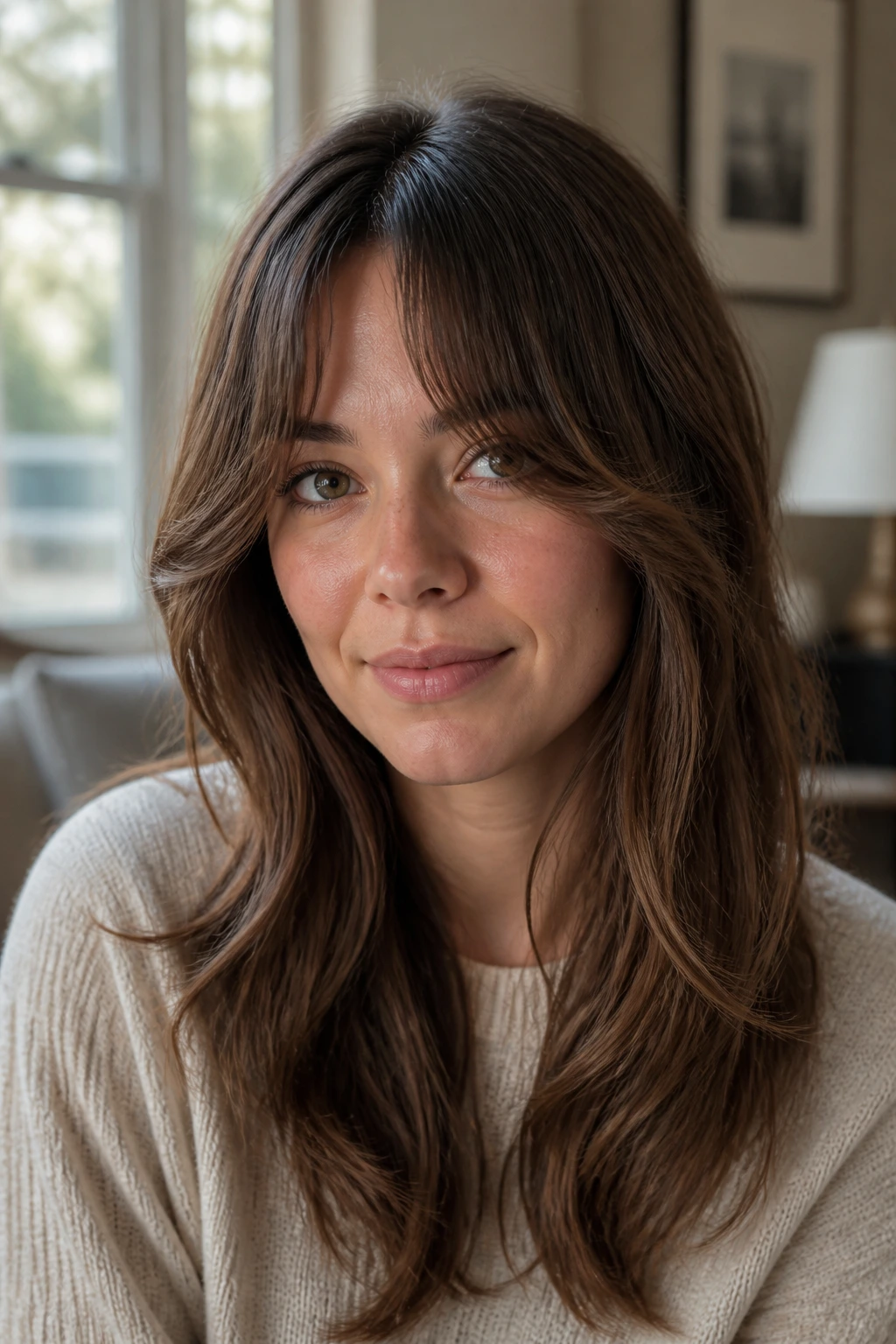 Close-up portrait of a real person with soft center curtain bangs and feathered ends