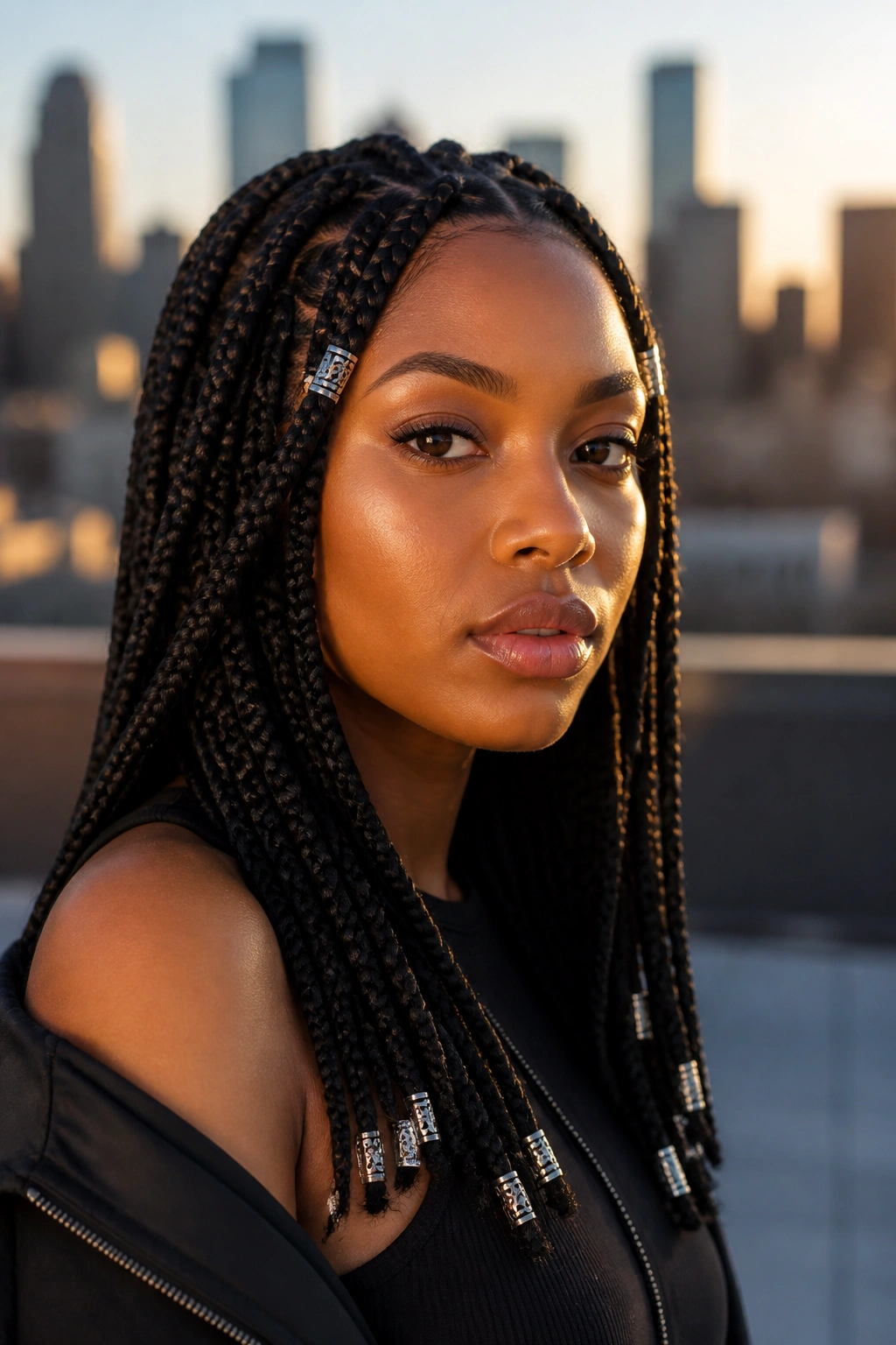 Close-up of a real woman with all-black braids and metallic accent beads