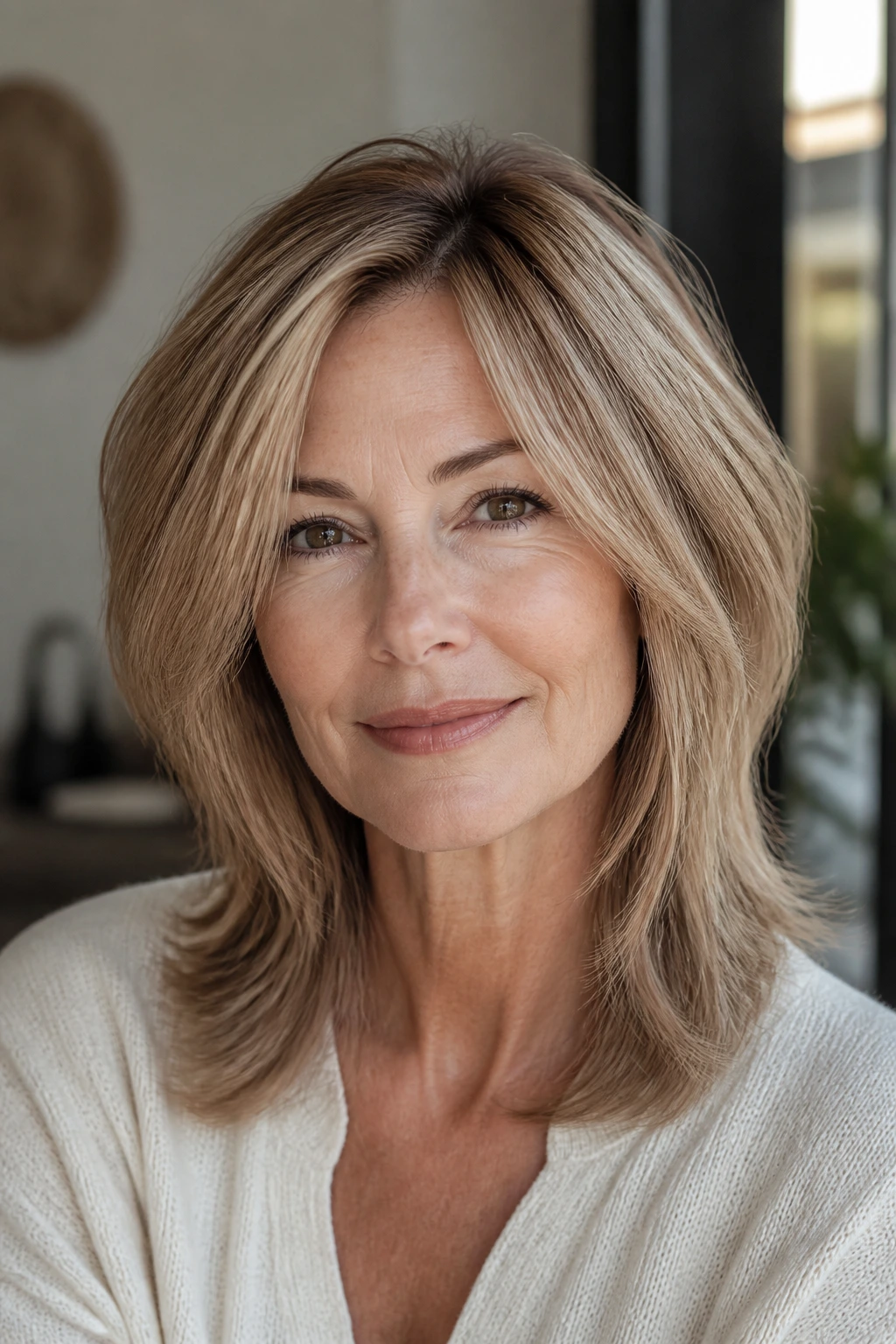 Close-up of a real woman with almond beige blonde and warm beige tones