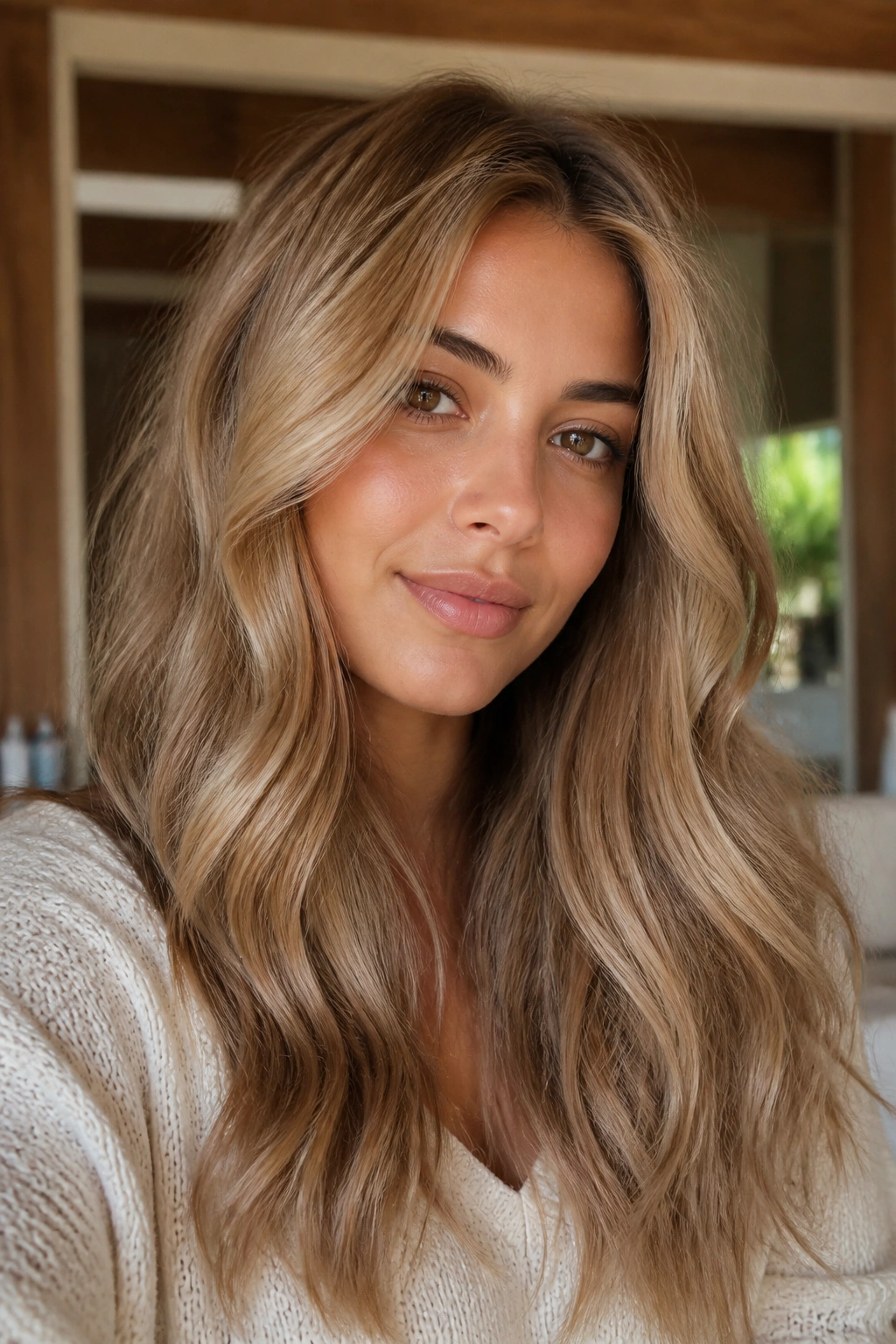 Close-up portrait of a real person with almond blonde hair in beige caramel tones
