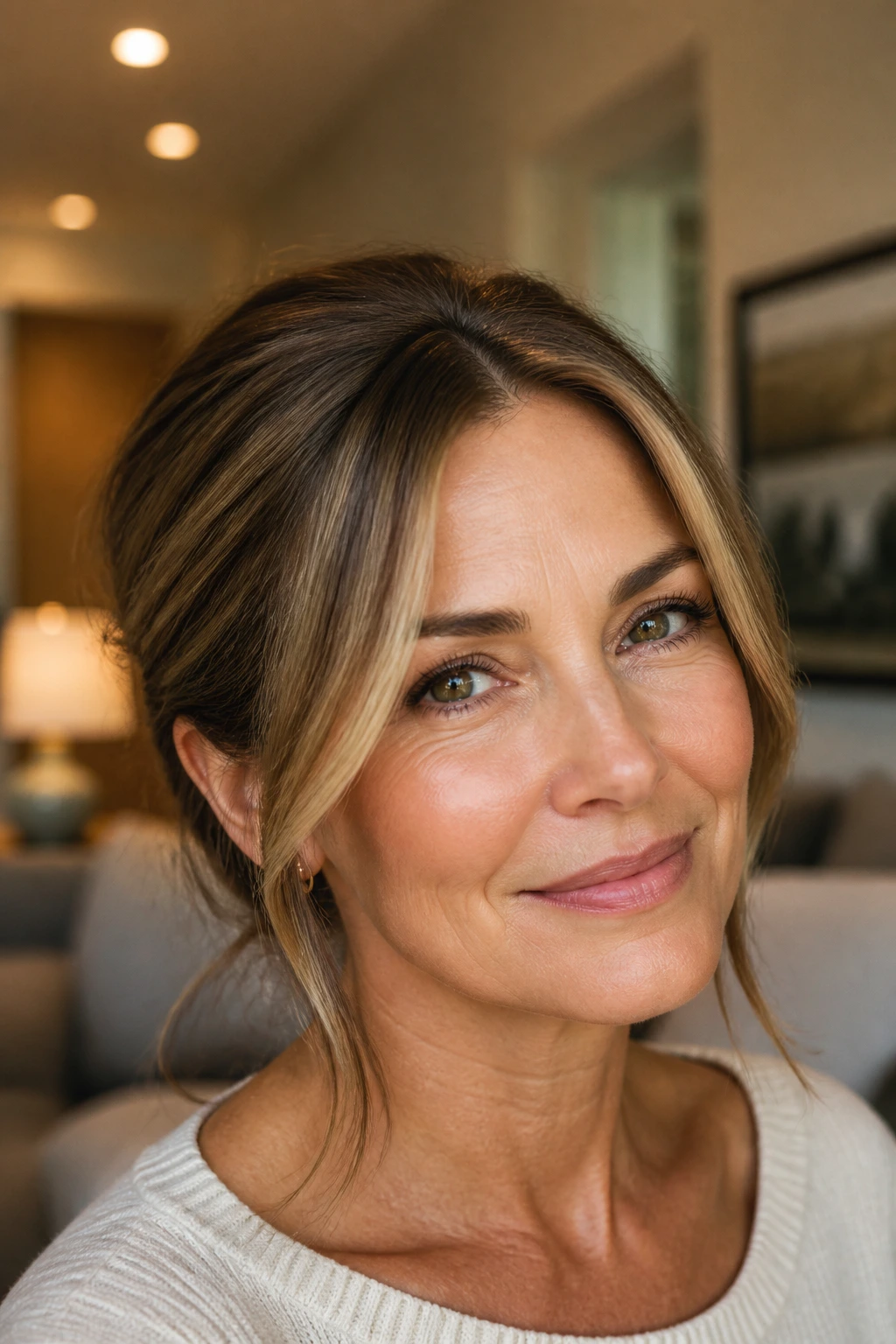 Close-up portrait of a real woman with almond brown hair and caramel money piece