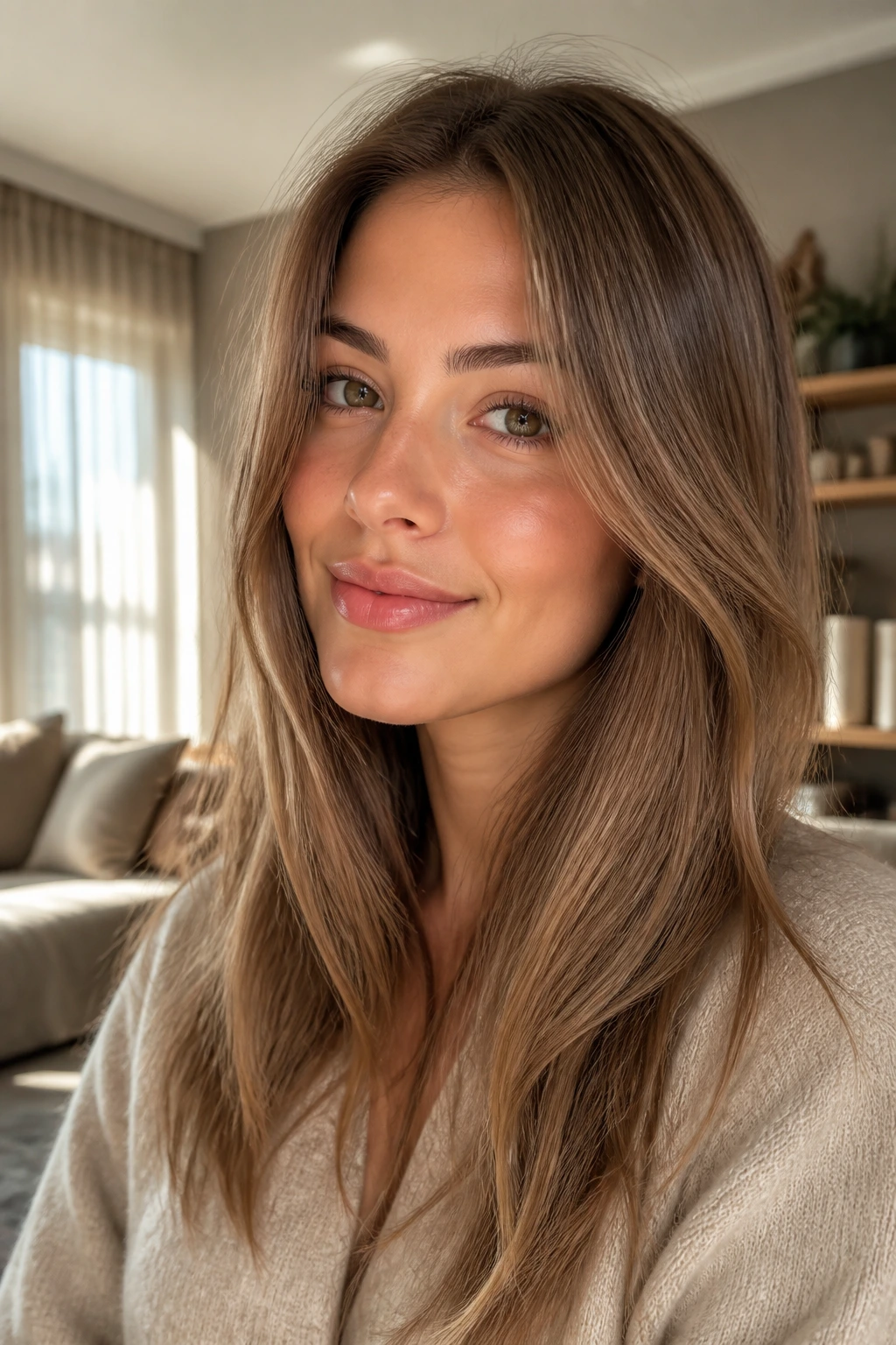 Close-up of a real woman with Almond Brown hair in neutral taupe shade