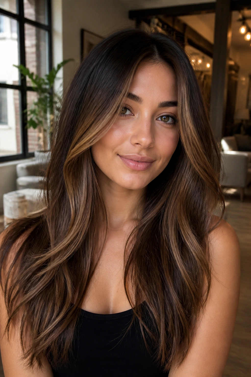 Close-up of almond brunette contour with face-framing ribbons