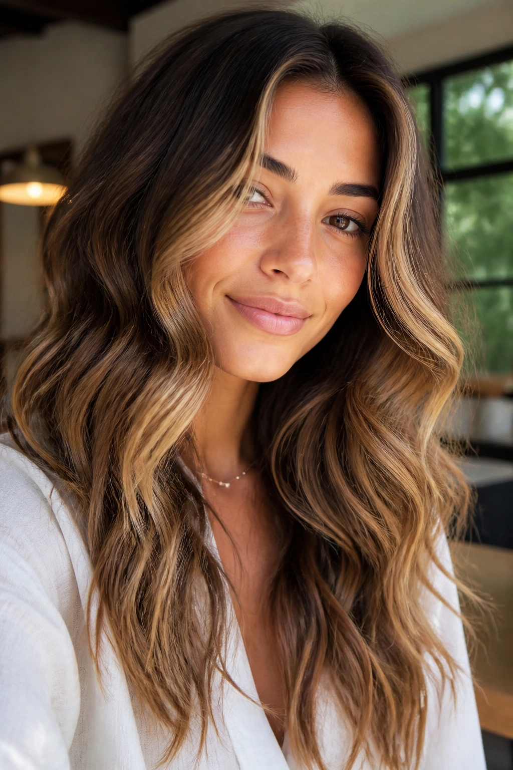 Real woman with almond butter highlights adding warmth and depth to wavy brunette hair