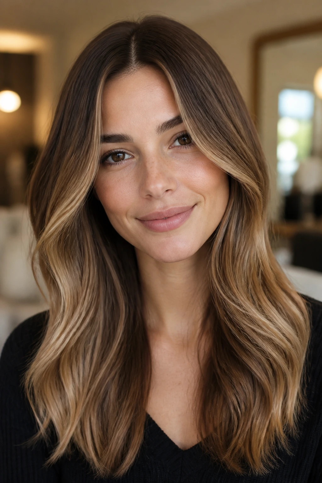 Close-up of almond glaze balayage with a glossy finish on brown hair.
