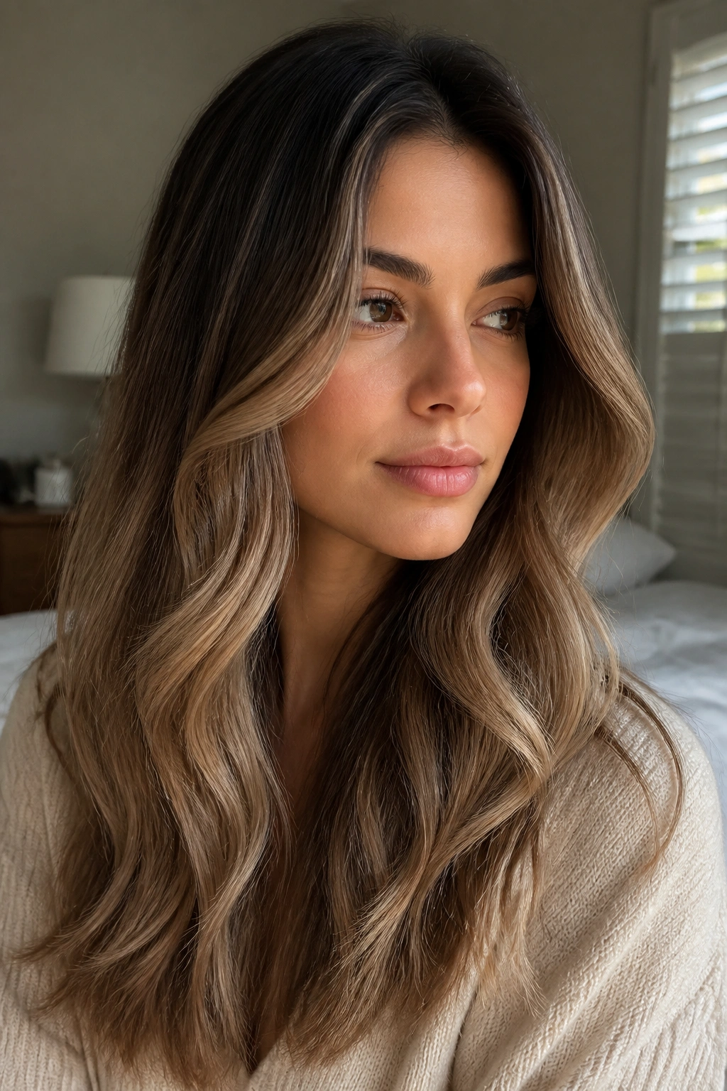 Close-up of real woman with almond latte balayage in creamy beige-brown tones