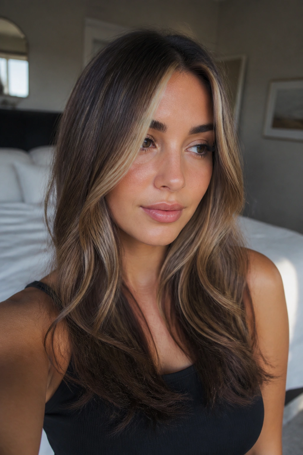 Close-up portrait of brunette hair with an almond money piece and soft-blend front highlights framing the face