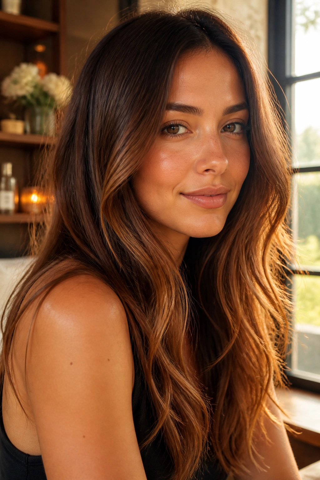 Close-up of a real woman's hair with amber brown glaze on mids and ends.