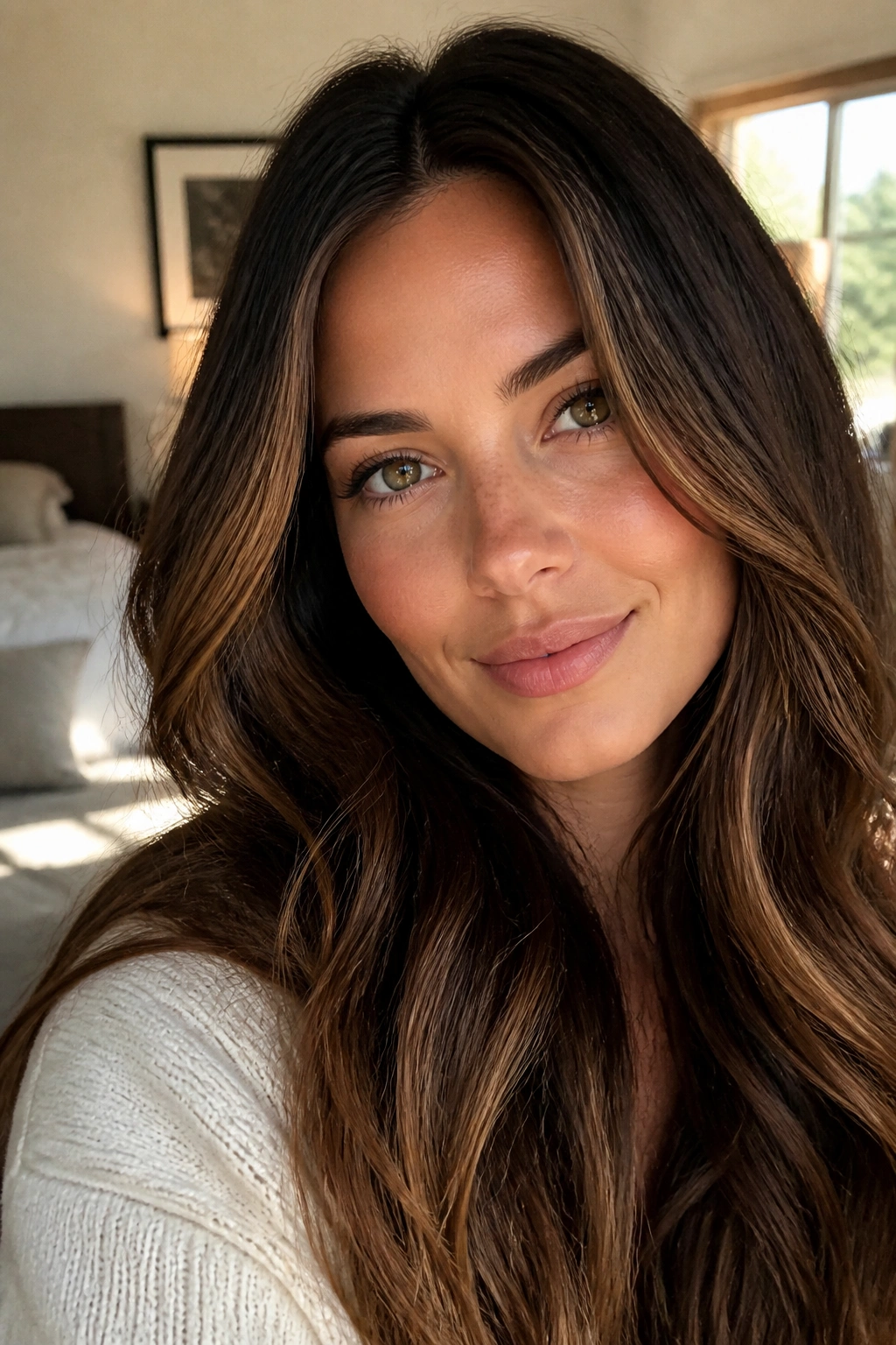 Close-up portrait of a real woman with amber-kissed brunette hair and warm glow