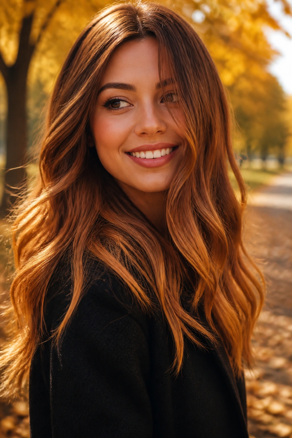 Portrait of a real woman with maple brown hair blending to amber ends in motion.