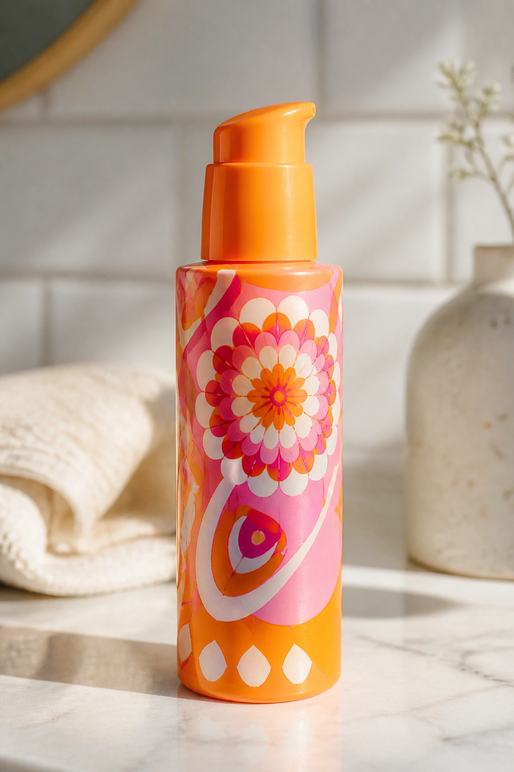 Close-up of Amika Curl Corps Defining Cream bottle on bathroom counter with unreadable label