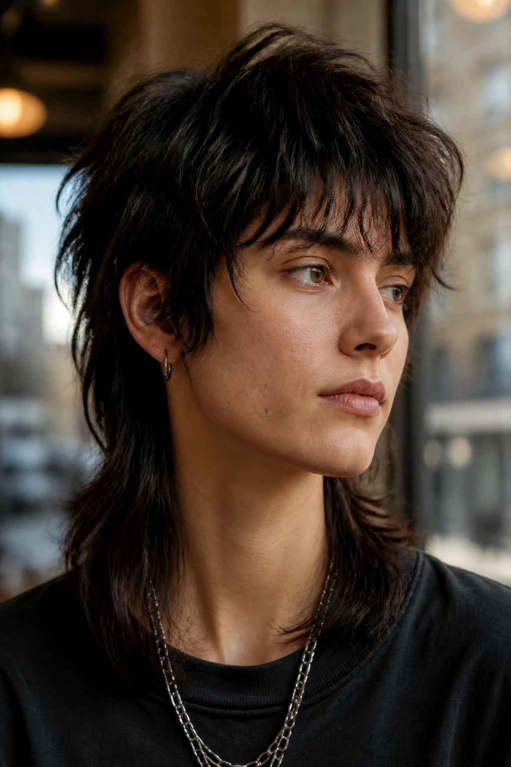 Close-up portrait of a real person with an androgynous wolf cut mullet, balanced shape, textured sides, collarbone-length back, warm window light.