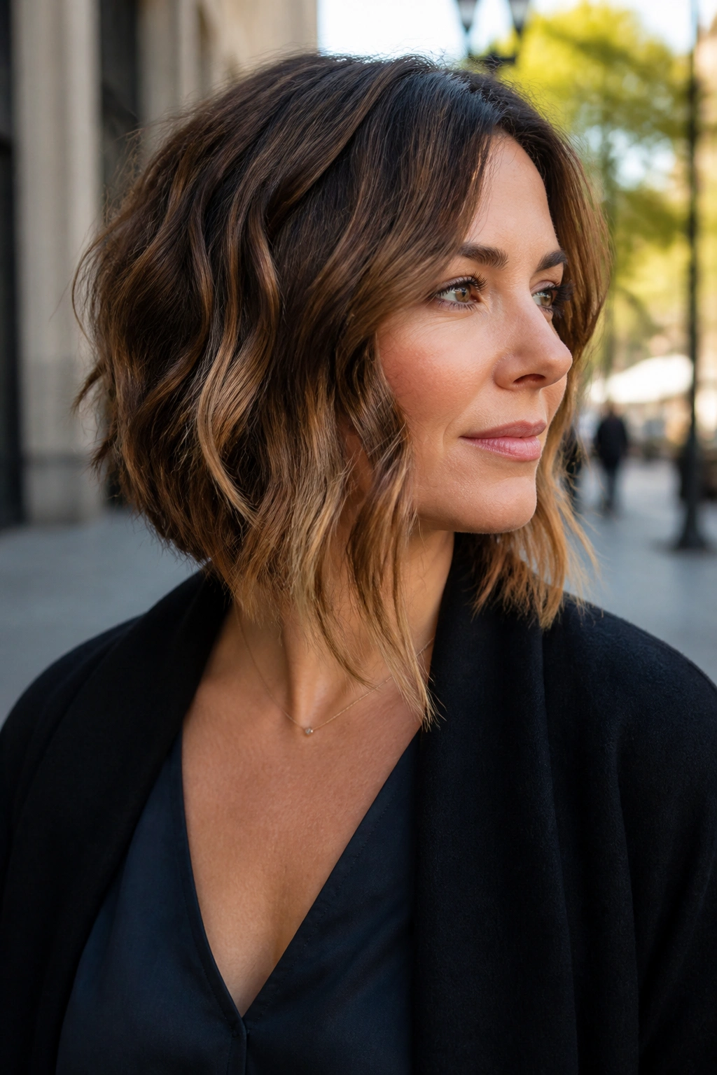 Real woman with angled A-line bob on a city sidewalk