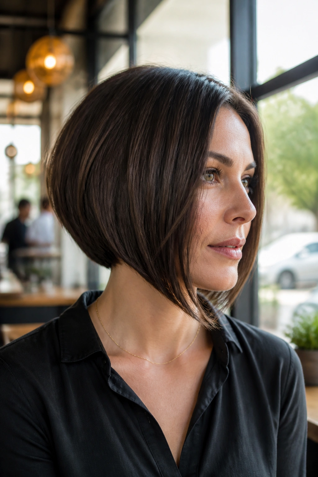 Close-up of a real woman with angled A-line bob in natural daylight