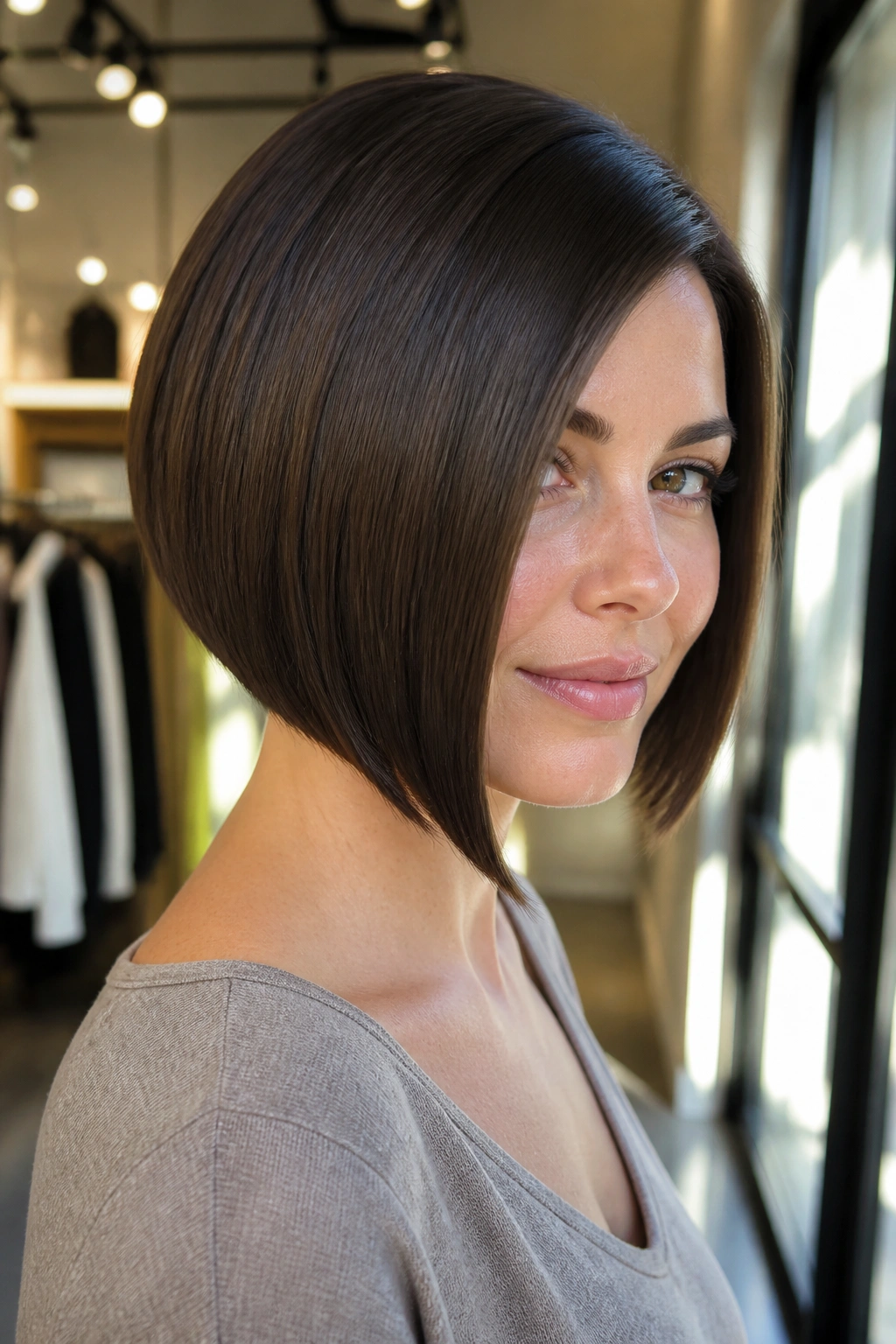Close-up portrait of real woman with angled A-line bob showing diagonal line