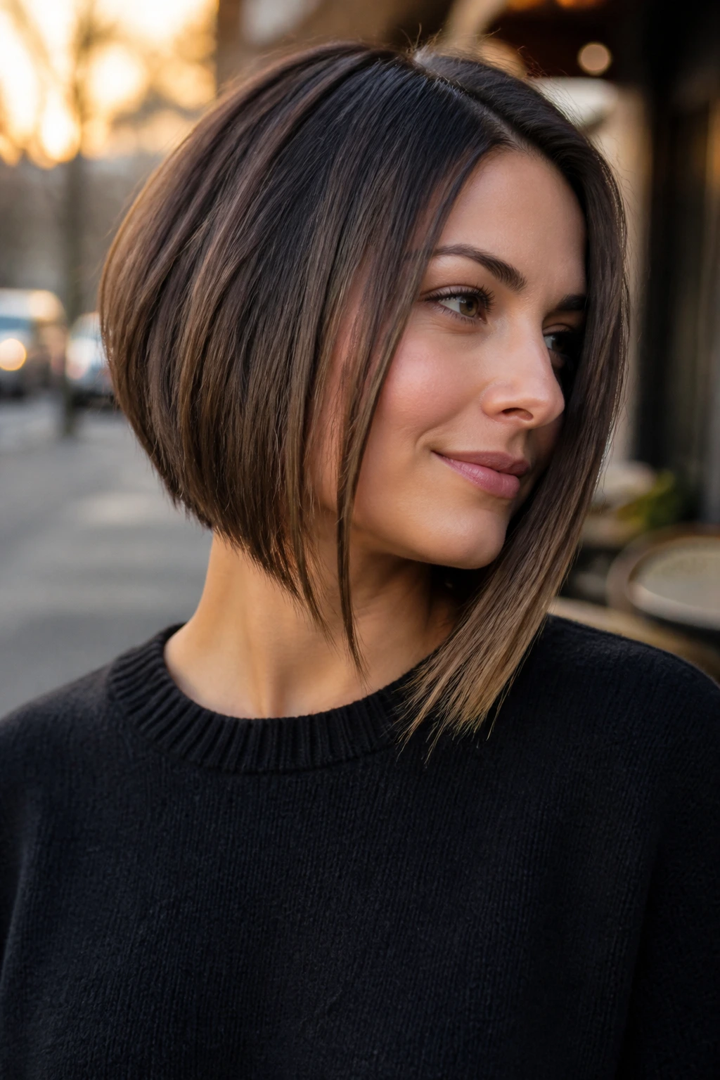 Close-up portrait of a woman with an angled A-line bob