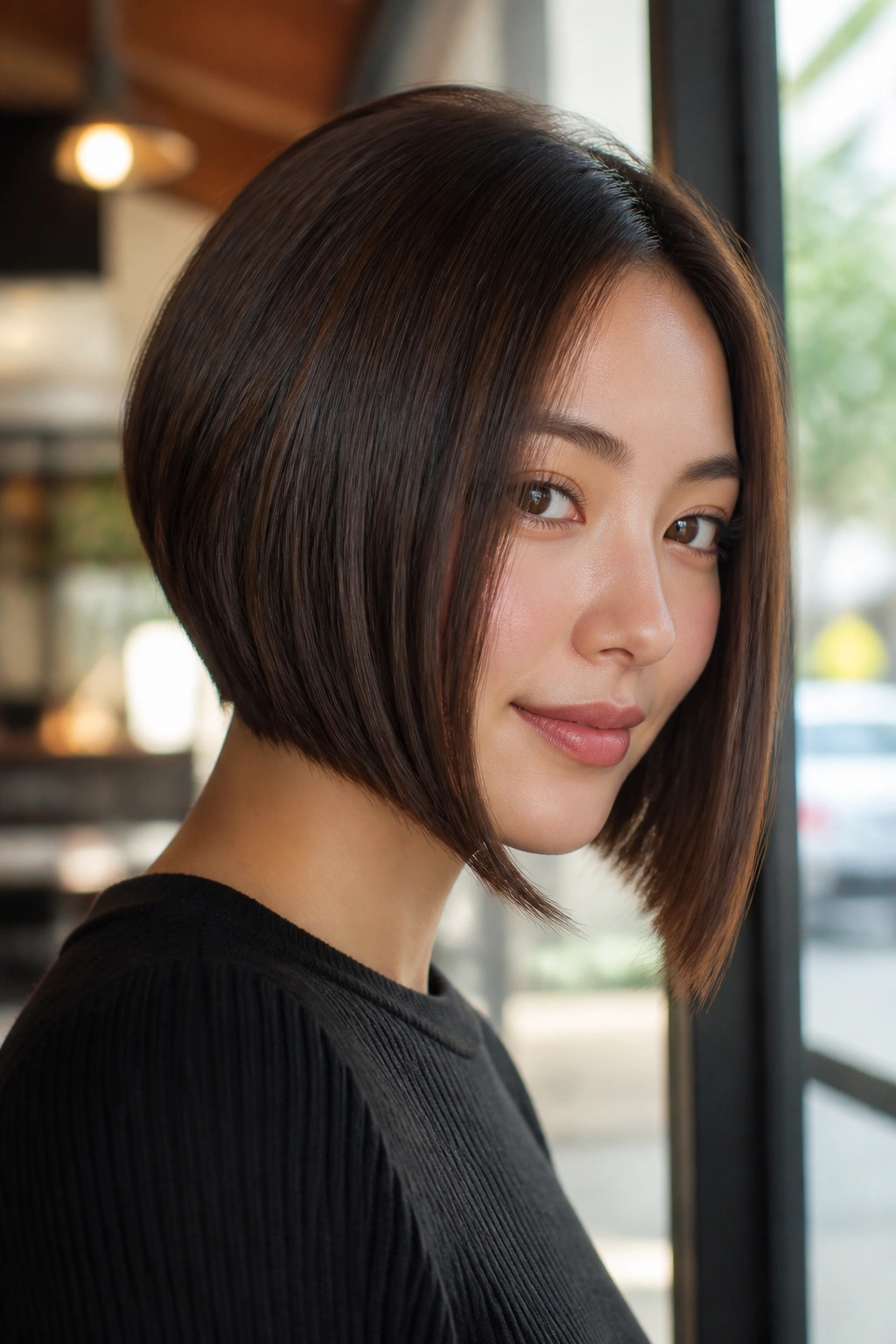 Portrait of a real woman with an Angled A-Line Bob in cafe window light.