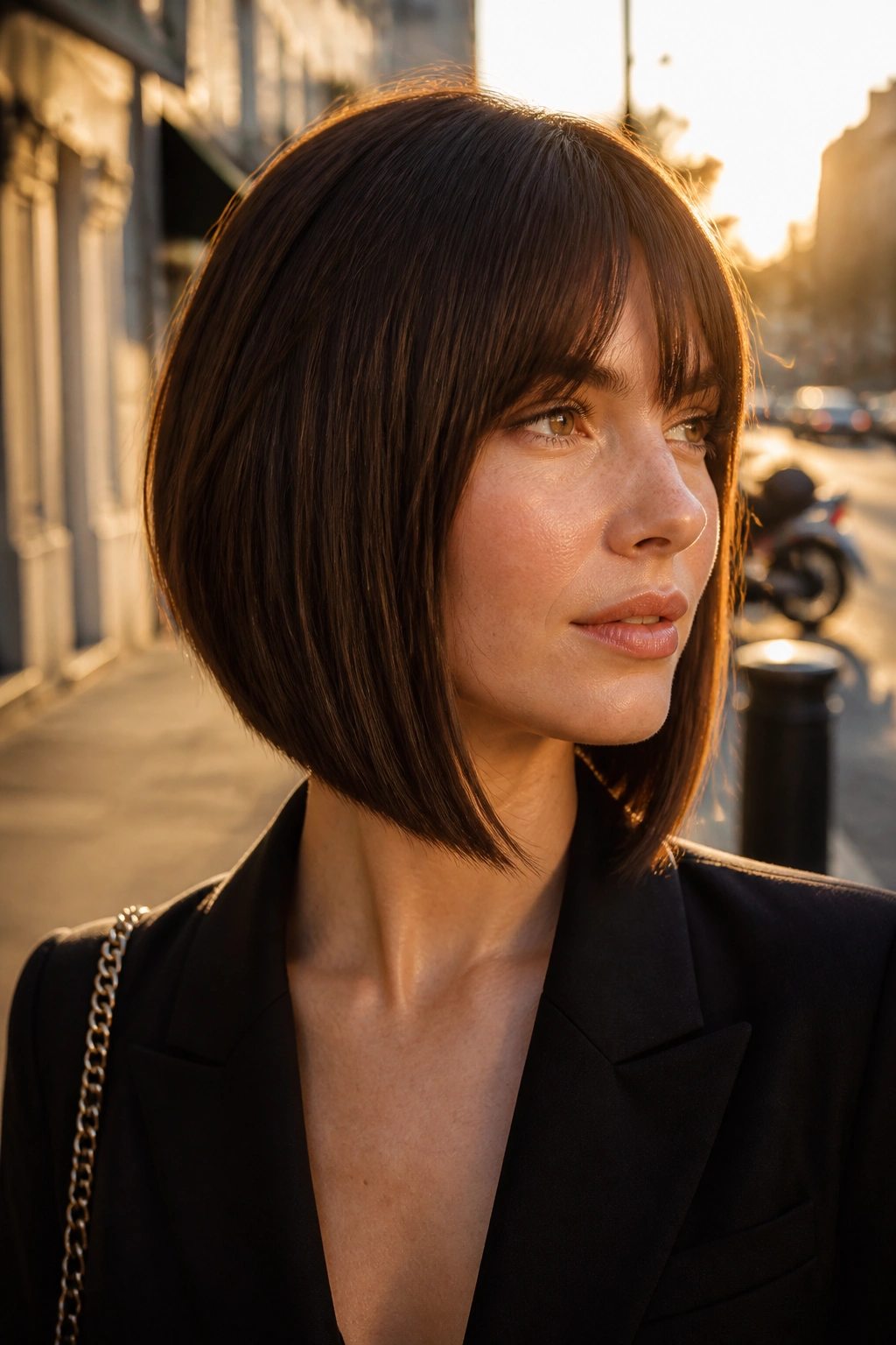 Close-up of a real woman with angled A-line cut and bottleneck bangs