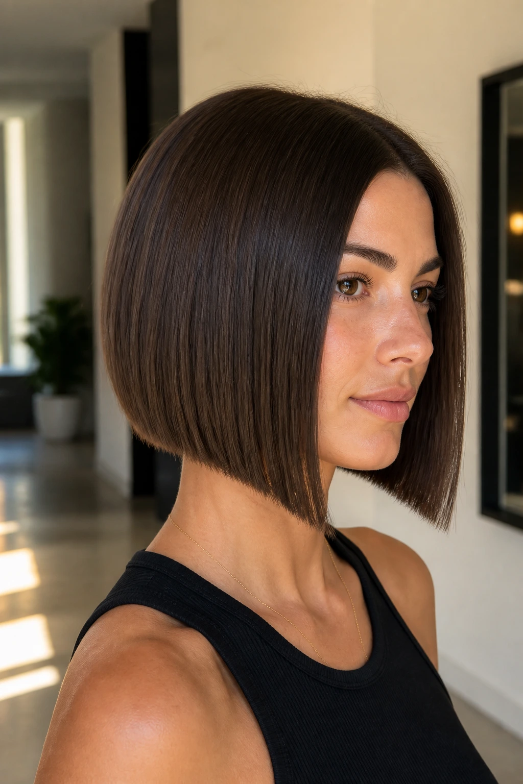 Real woman with slightly angled blunt bob in sunlit setting