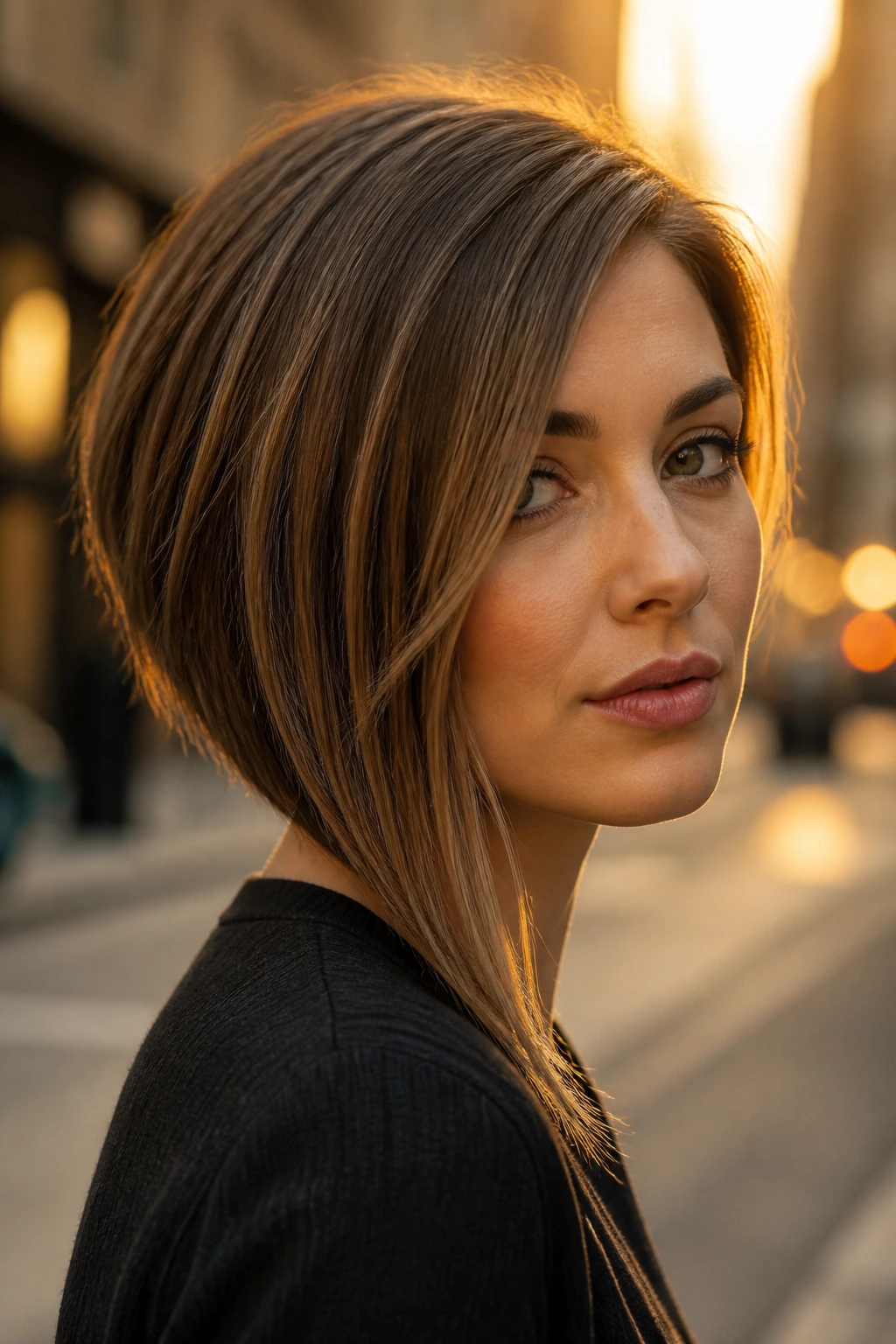 Close-up of a real person with an angled bob on an urban street during golden hour