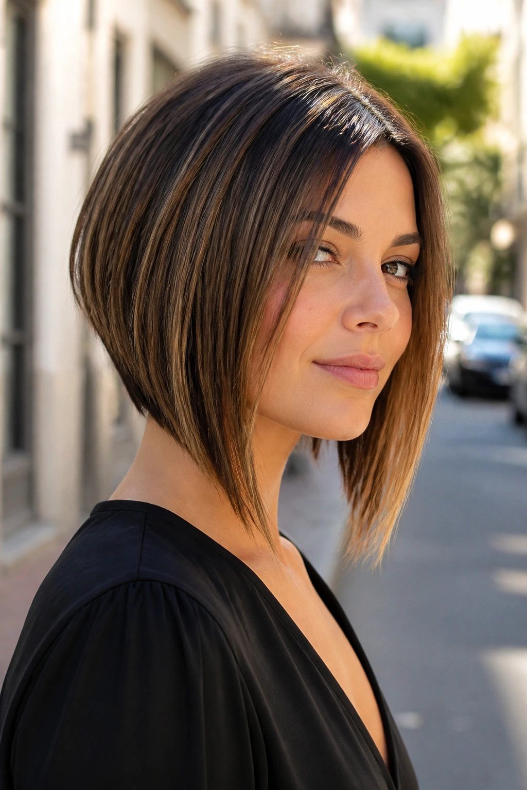 Close-up of a real woman with an angled A-line bob showing longer front and shorter back.