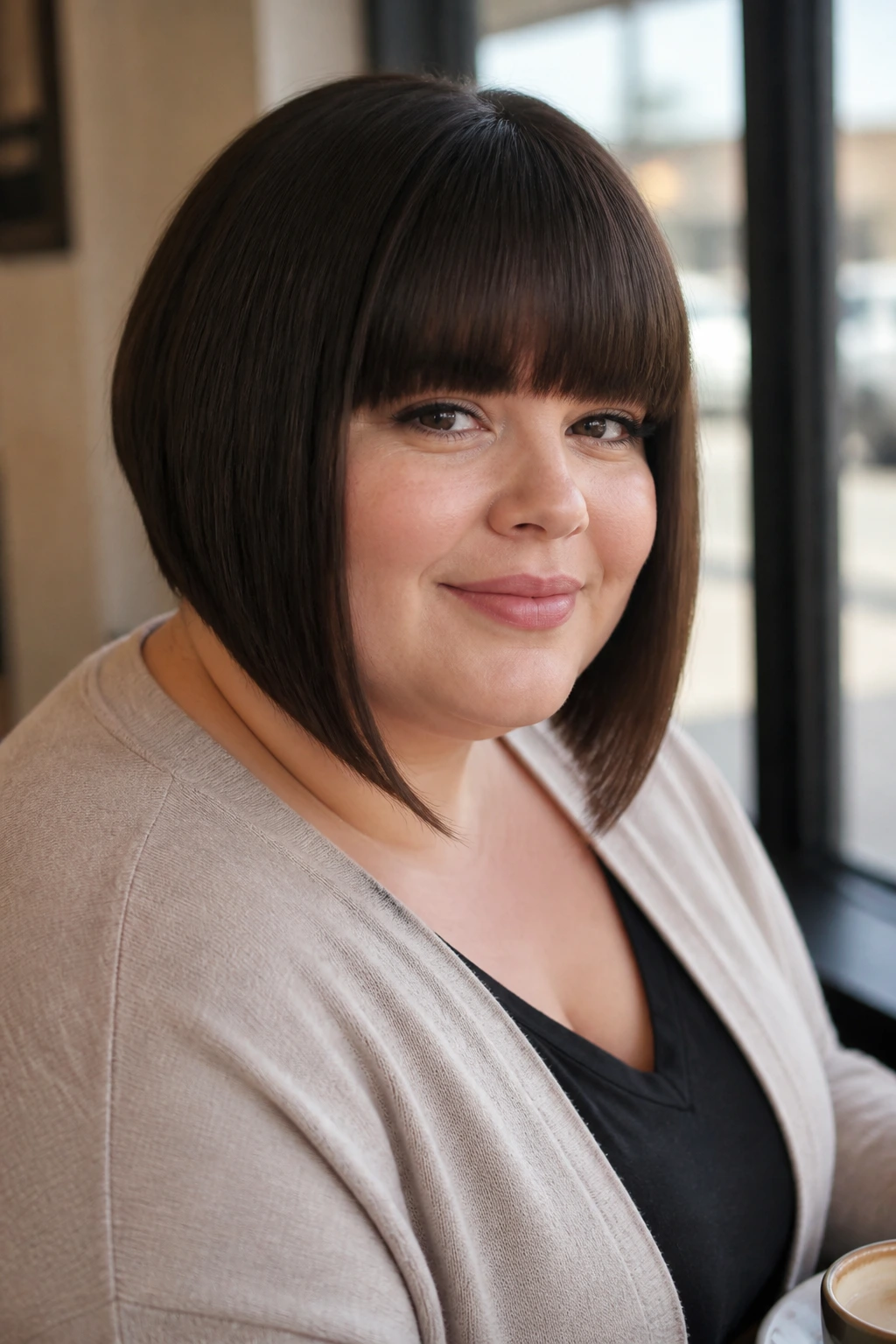 Close-up portrait of a real woman with angled bob and blunt bangs