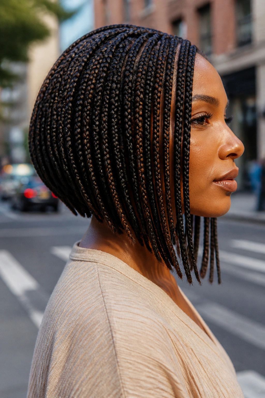 Profile view of real woman with angled bob braids longer front pieces