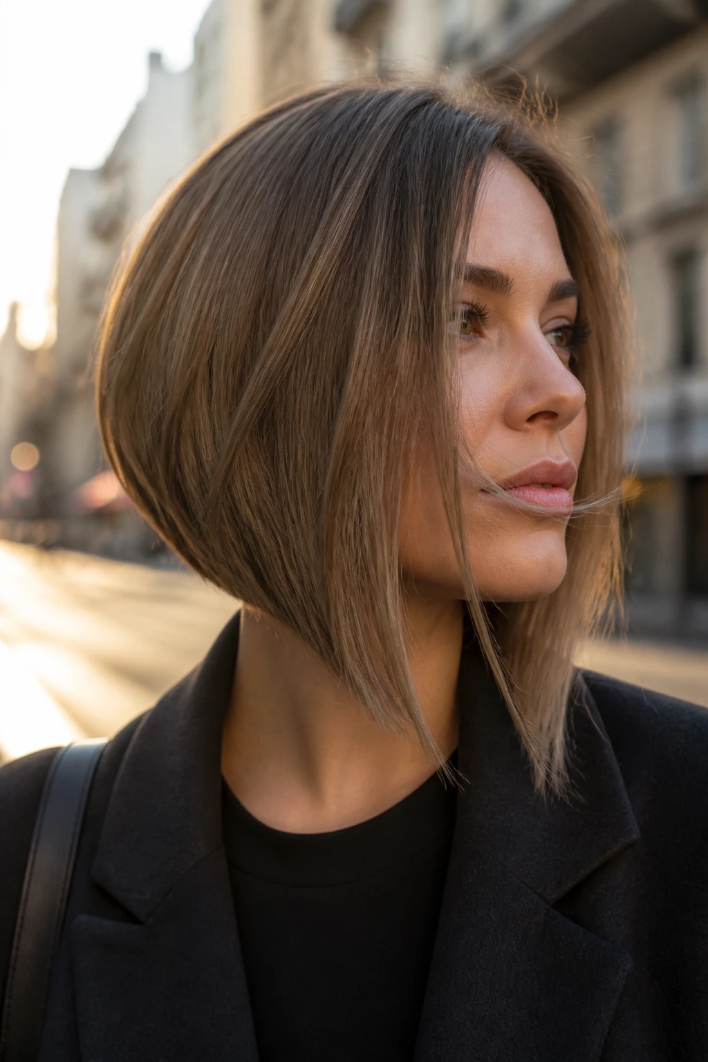 Portrait of a woman with an angled bob showing a strong forward line along the jaw.