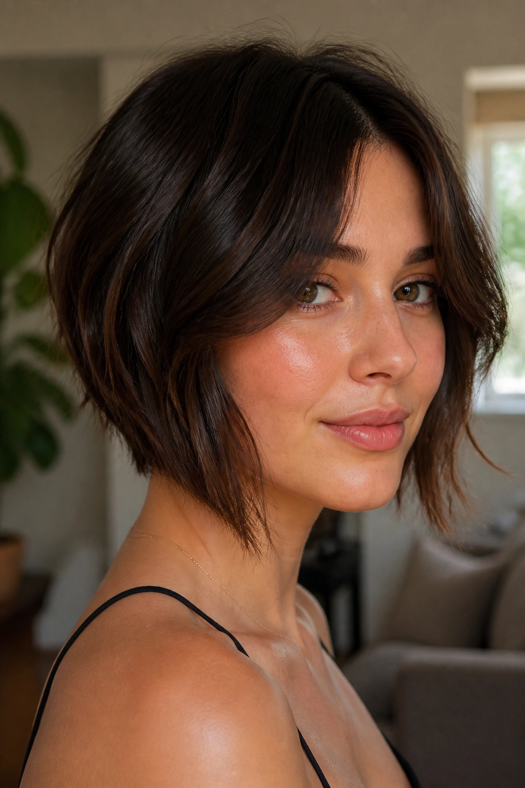 Close-up of a real woman with an angled bob and center-part curtain bangs.