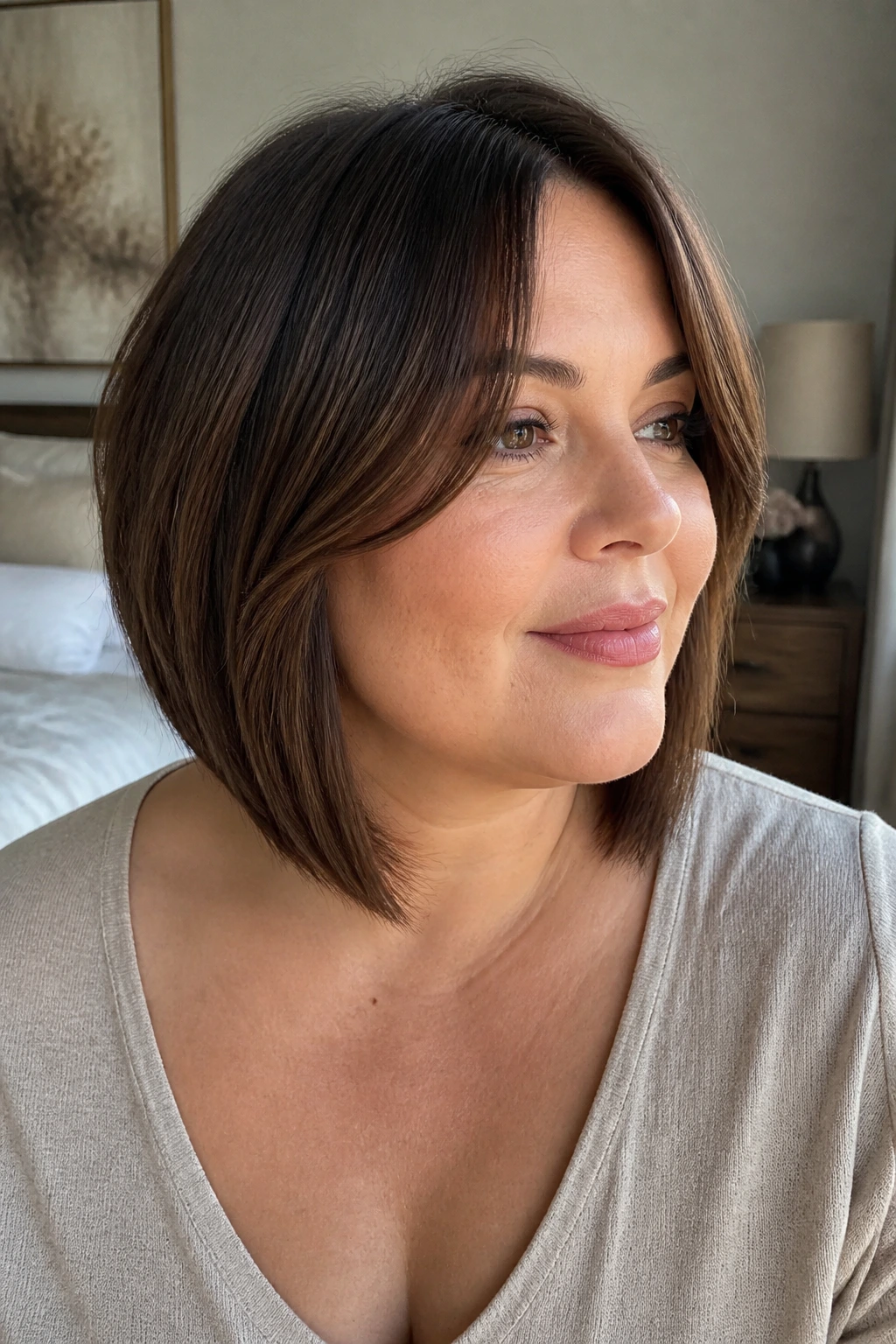 Real woman angled bob with curtain bangs in soft bedroom light