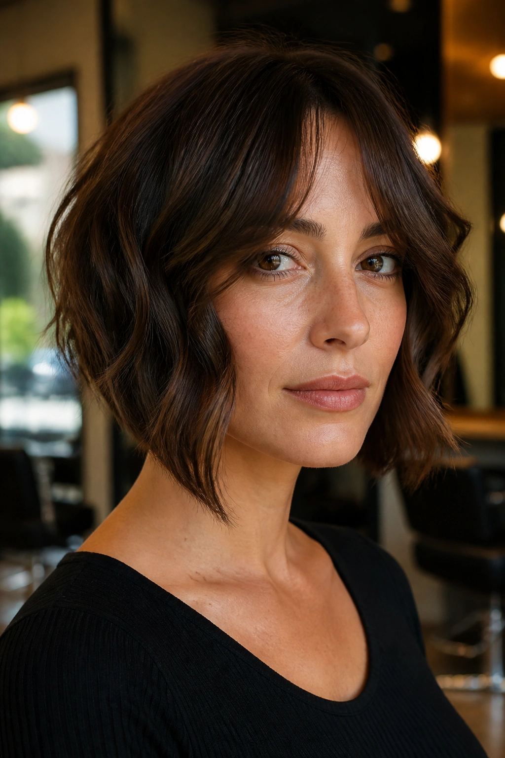Close-up portrait of a real woman with angled bob and curtain bangs in soft salon lighting