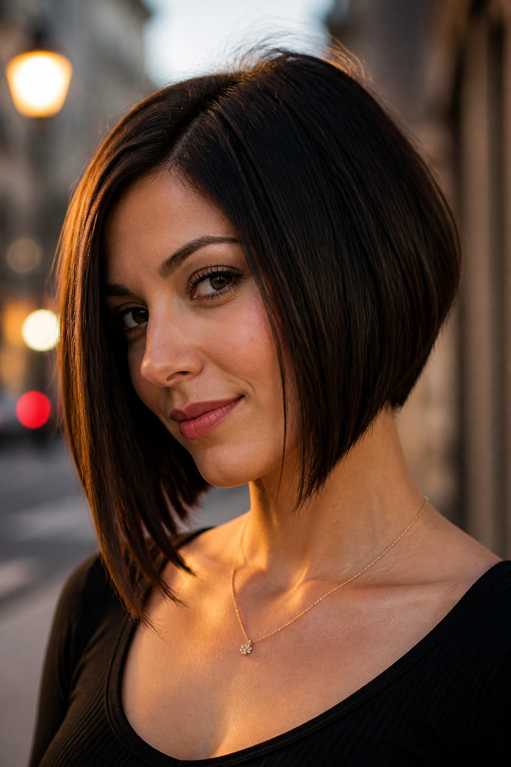 Close-up portrait of a real woman with angled bob at chin length, golden hour light