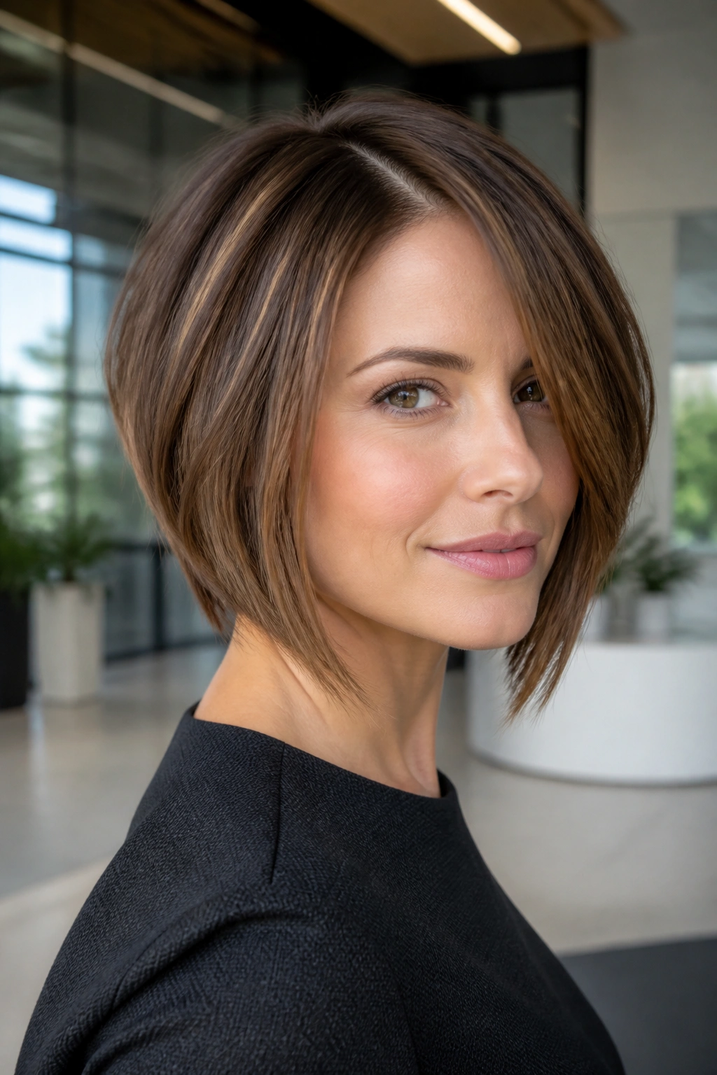 Portrait of a real woman with an angled side-parted bob and a clean diagonal line