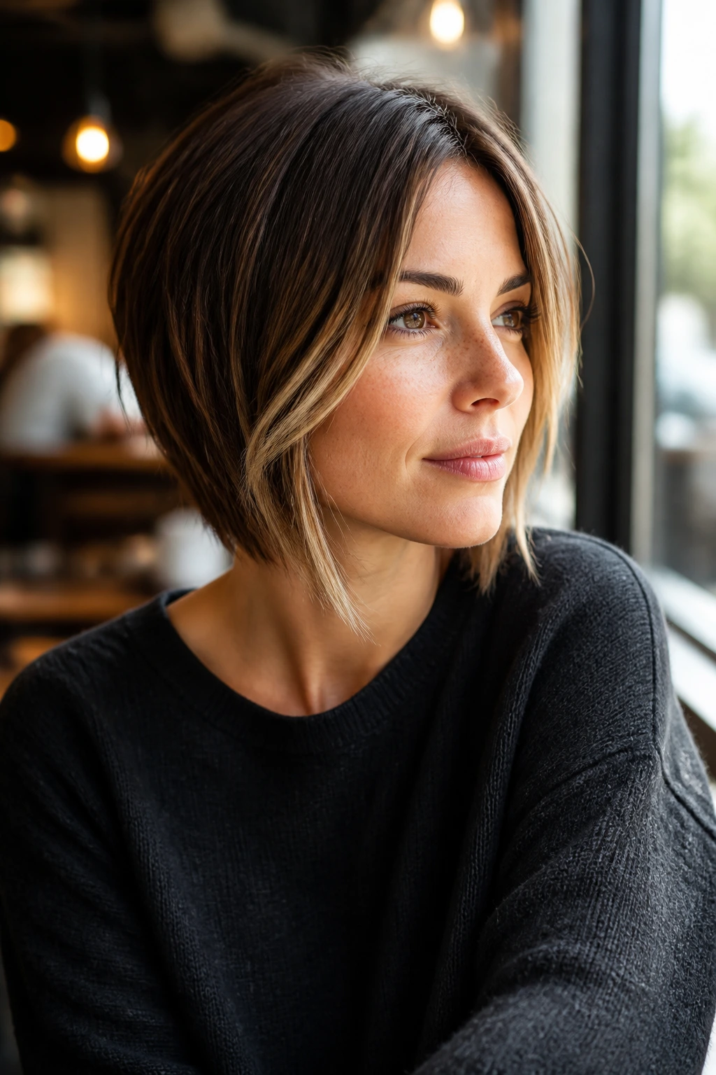 Real woman with angled bob and face-framing pieces close-up