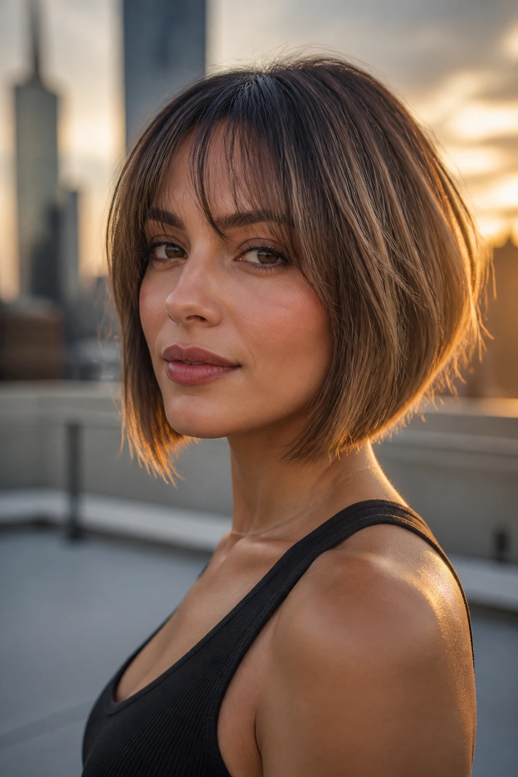 Close-up of a real woman with an angled bob and feathered bangs