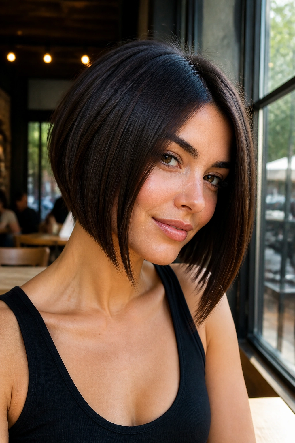 Portrait of real woman with angled bob and longer front pieces in cafe daylight