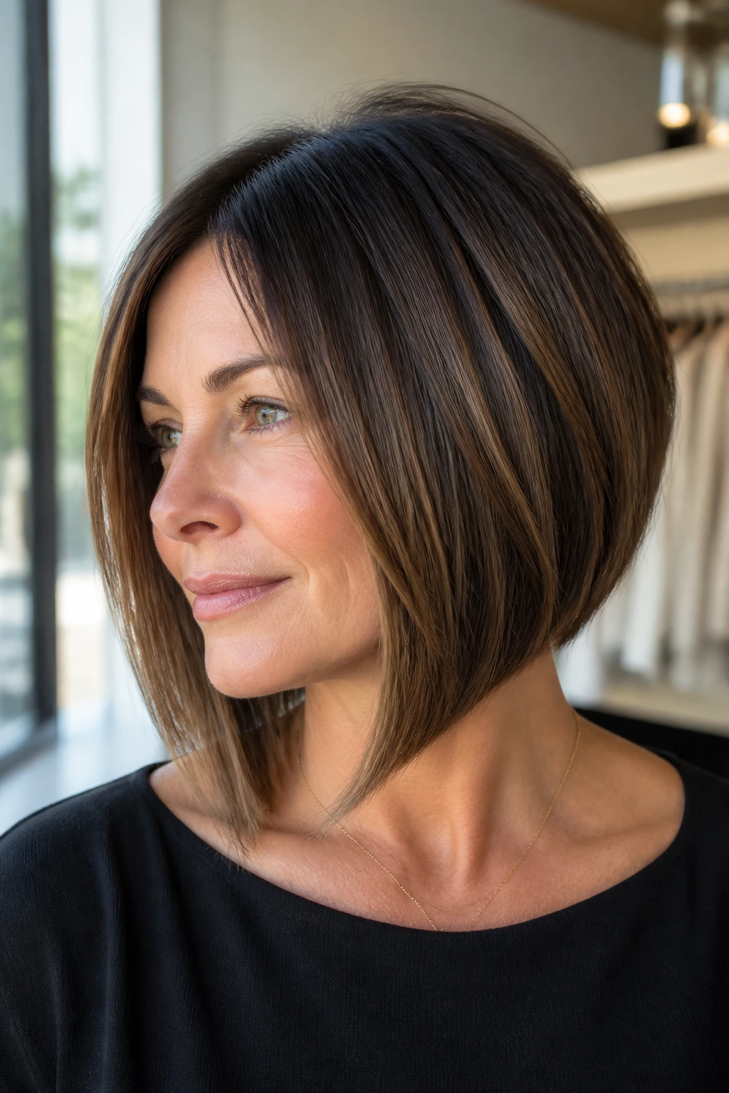 Close-up of a real woman with an angled bob sloping toward the front