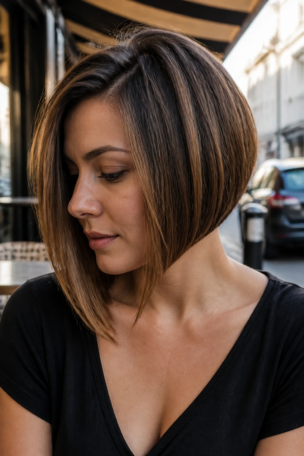Close-up portrait of a real woman with angled bob showing longer front and shorter back
