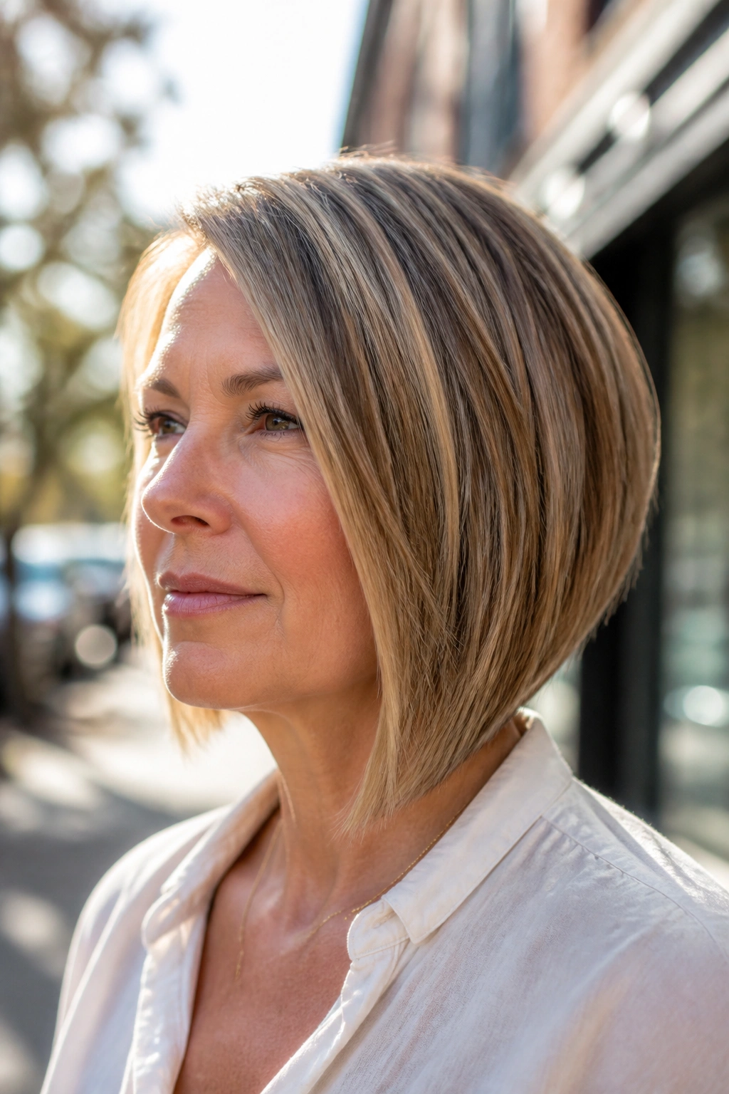 Portrait of a real woman with an angled bob haircut