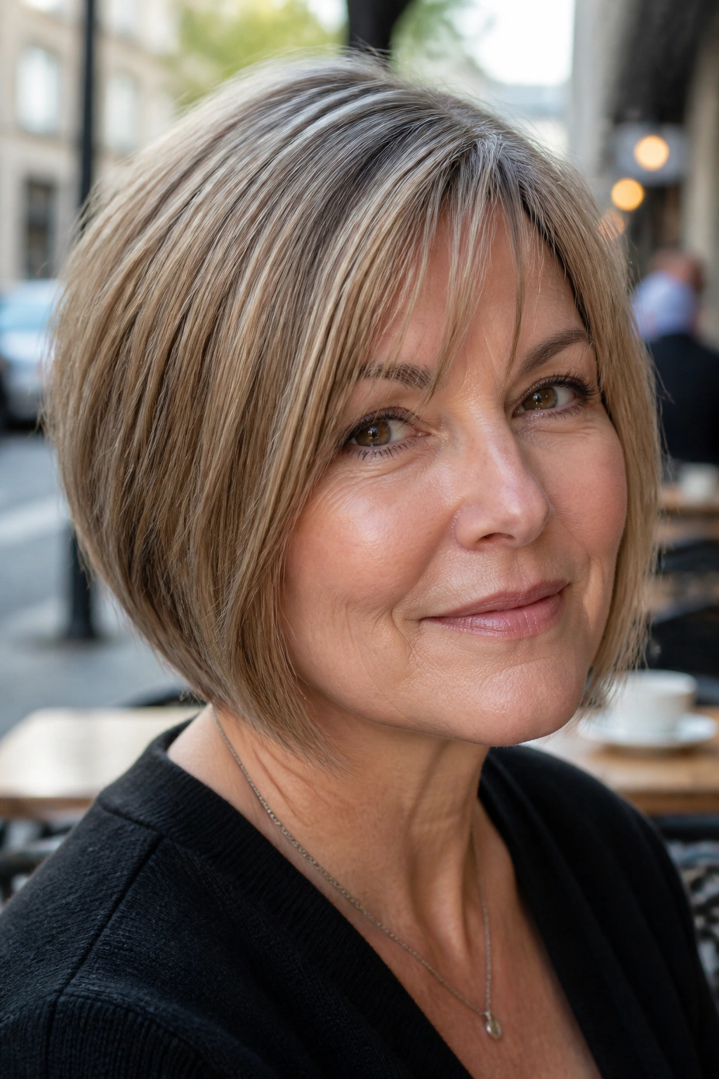 Portrait of a woman with angled chin-length bob and layered bangs
