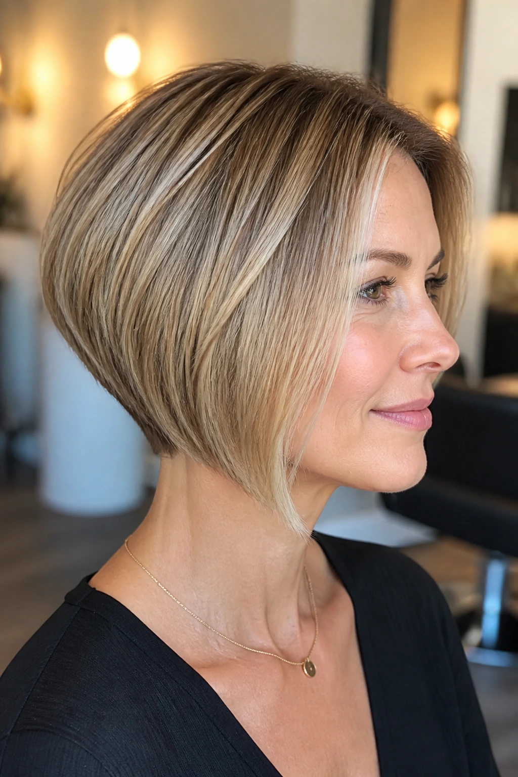 Real woman with angled bob and light stack in a salon setting