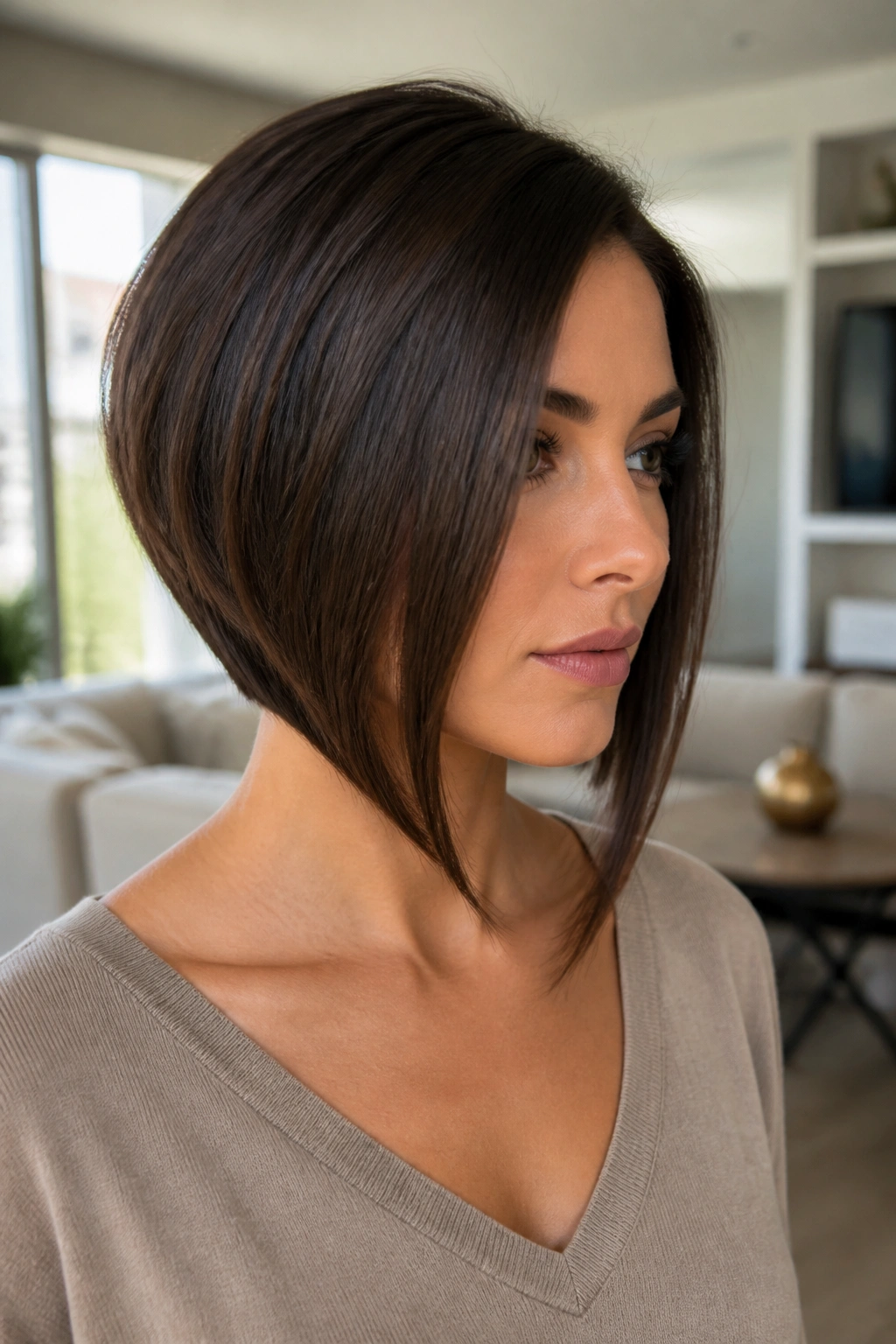 Close-up of a woman with an angled bob and longer front
