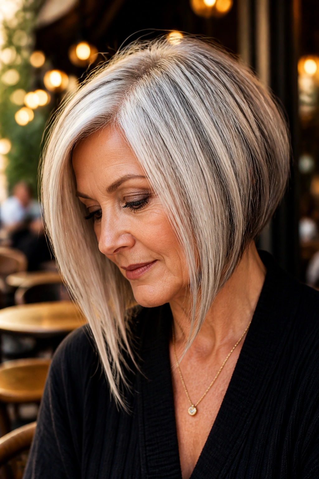 Close-up of a real woman with angled bob and longer front pieces, golden hour light