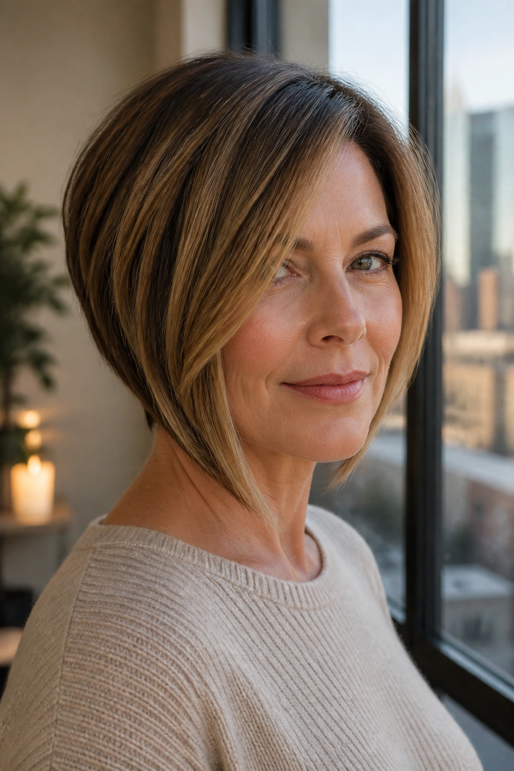 Close-up portrait of a real woman with an angled bob and longer front, natural window light.
