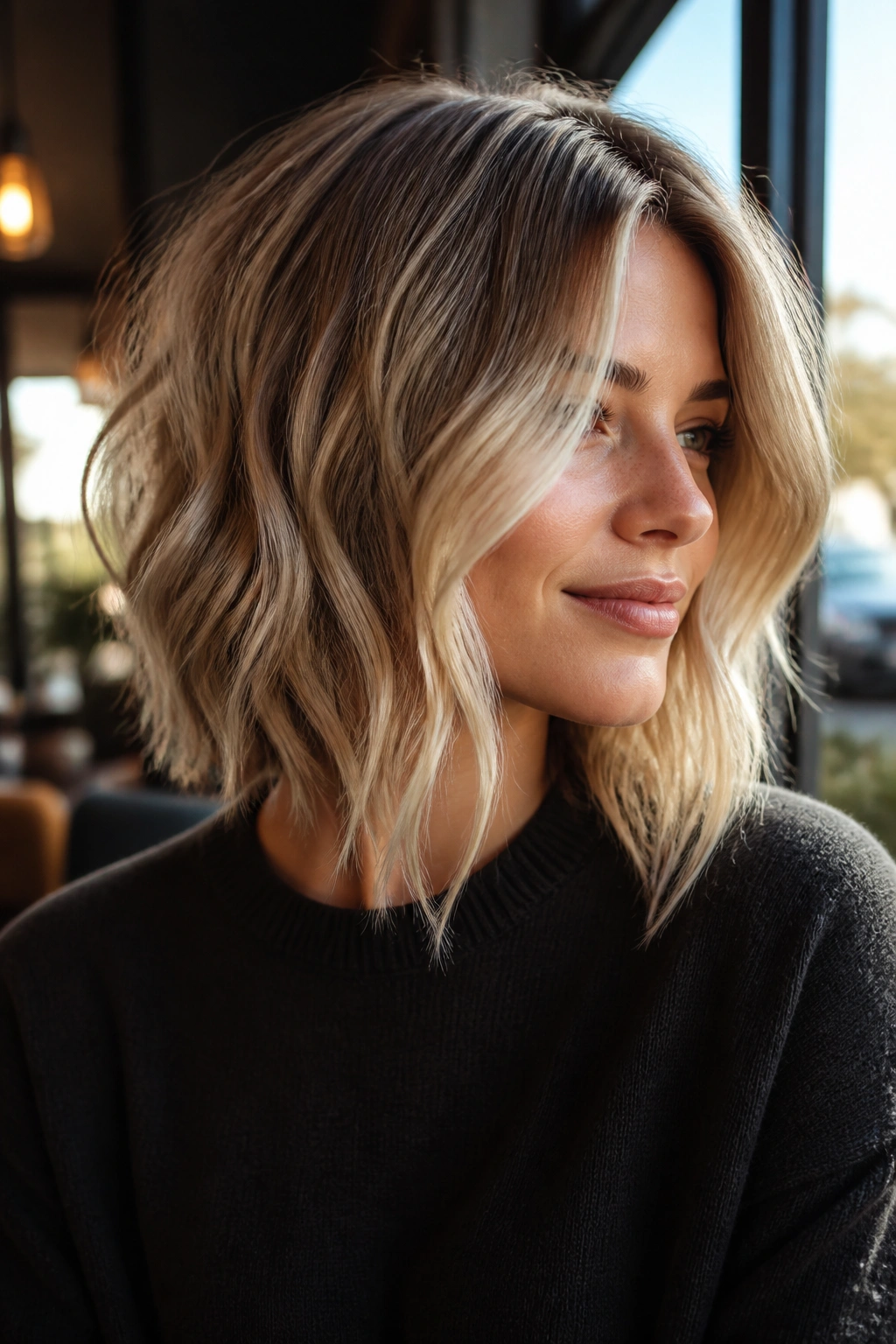 Close-up of a real woman with an angled wavy bob and longer front pieces.